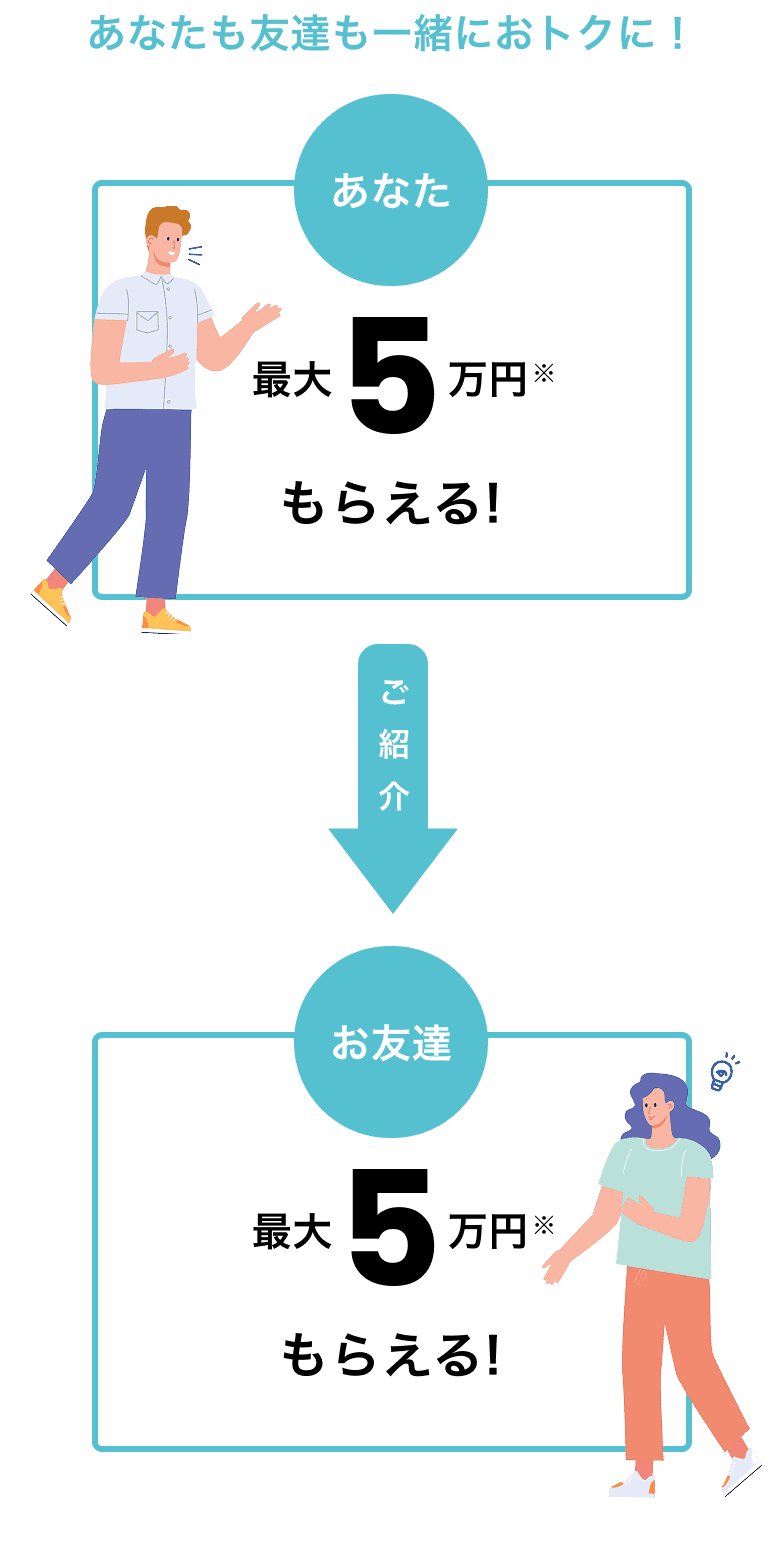 あなたも友達も一緒におトクに！最大5万円もらえる！